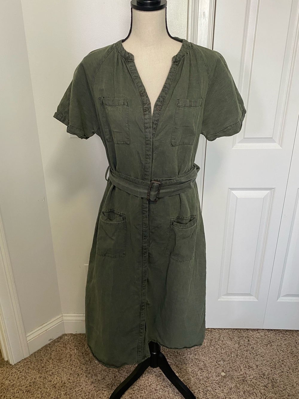 Lucky Olive Green Utility Linen Shirt Dress with Belt